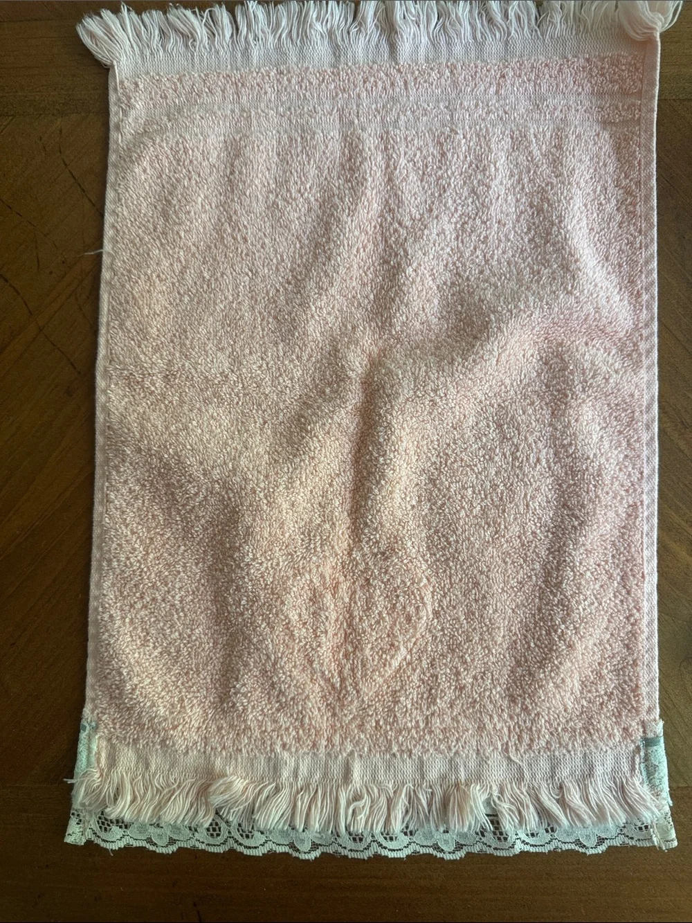vintage soft pink wash cloths  white crochet heart appliqués and lace trim